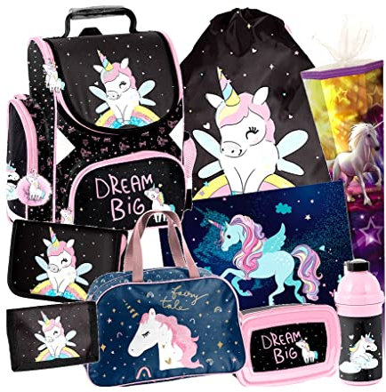 Einhorn Unicorn Pferd Pony Horse 9 Teile Set Schulranzen Schultasche Ranzen Tornister Federmappe Schultüte 85 cm mit Sticker-von-Kids4shop sw