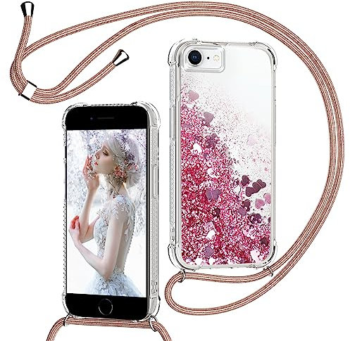 TUUTPU Handyband für iPhone 8/SE 2020/2022/7/6 Hülle mit Band, Glitzer Treibsand Handyhülle mit Kordel zum Umhängen Transparent Stoßfest Schutzhülle mit Kette Schnur, Quicksand Necklace Case in Rosa