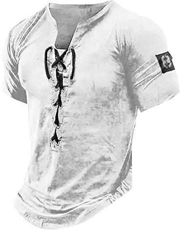 LUNULE Kompressionsshirt Herren Westernhemd Herren Hemd Slim Fit Herren MäNner Mittelalter Retro SchnüRen Henley Shirt V-Ausschnitt Kurzarm Vintage Casual Tshirts Sommer Outdoor Tshirt Weiß Herren