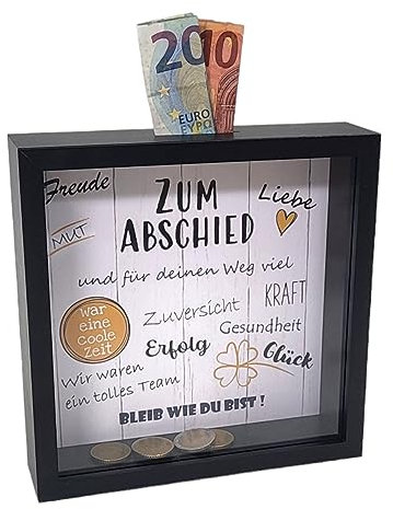 BUSDUGA 4363 Sparkasse „Zum Abschied“ Bilderrahmen 20x20x5cm, Spardose Abschiedsgeschenk (Schwarz)