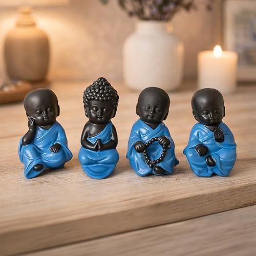 Garden Mile Set of 4 Mini Buddha Monk Figurines – Small Resin Zen Buddha Statues for Home, Desk, Shelf or Garden Decor – Meditation Ornaments, Spiritual Decor, Indoor Outdoor Garden Statues