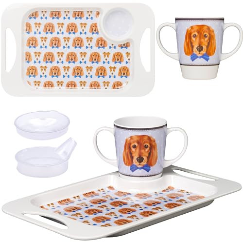 Rosa Lifestyle Juego de taza de melamina con dos asas y bandeja para servir (400 ml), bandeja de capacidad para tazas (33,8 cm x 20,6 cm), ayuda ligera para la movilidad para ancianos, demencia,