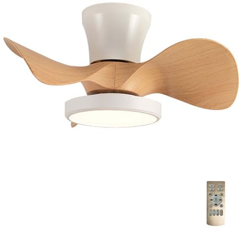 Ventilador De Techo Con Luz Y Mando A Distancia, Regulable Reversibile Pequeño Smart Lampara Ventilador LED Moderno 6 Velocidades Silencioso Luz Ventilador Timer Dormitorio Para Salón-White Wood