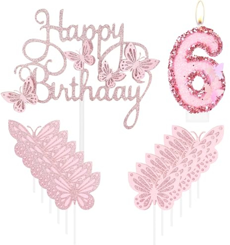 mciskin Happy 6th Birthday Candles,Butterfly Cake Decorations,Pink Number 6 Candle for Cake,Pink Cupcake Toppers Girls,Glitter Butterfly Topper for Girls' 6th Birthday Decorations