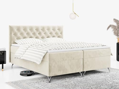 MKS MEBLE Boxspringbett 180x200 Mit Matratze H3, Bettkasten und Topper - Polsterbett GRIMALDI - Beige Velvet - Füße