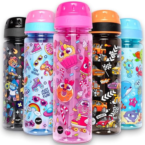 Fringoo Wasserflasche für die Schule, für Kinder, 650 ml, Trinkflasche mit Strohhalm und Tragegriff, 100% auslaufsicher, BPA-frei, Schulwasserflasche für Jungen, sehr langlebig