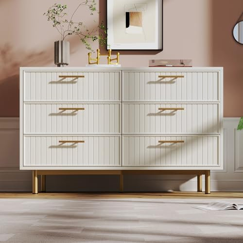 BTM Sideboard Cabinet for Living Room, White Chest of Drawers with 6 Drawers, 40D x 120W x 75H CM