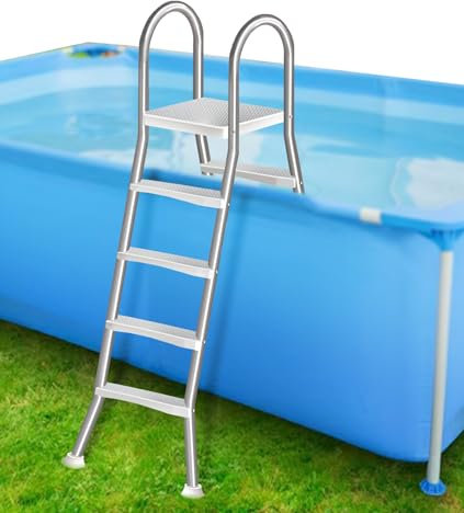 Pooltreppe mit 4 Stufen, Poolleiter für oberirdisches Schwimmbad, 132 cm Höhe, stabiler Edelstahl, oberirdische Poolleitern für Schwimmbad, aufblasbarer Pool