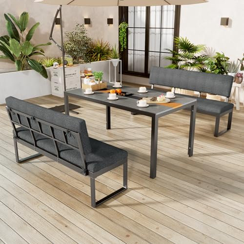 KUAKE Gartenmöbel Set mit Tisch und 2 Stühlen mit Rückenlehne, Aluminium Gartenmöbel, Gartentisch mit Stühlen+Sitzkissen, wetterfest, grau