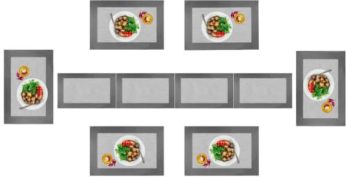 Tischläufer (30 x 180 cm) und 6pcs Tischsets (45 x30cm) PVC Platzdeckchen abwaschbar Hitzebeständig (Grau (6+1))