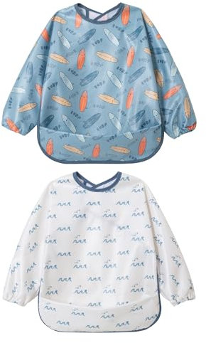 Little Dimsum Long Sleeves Toddler Weaning Bibs|Sleeved Baby Waterproof Feeding Coverall Set|Catching Food & Wipe Clean|for Baby Infant Toddlers