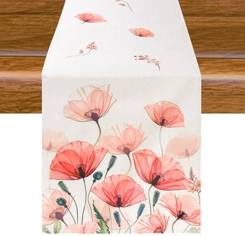 Aitsite Pflanzen Klatschmohn Blatt Blumen Tischläufer Sommer, Saisonnal Küche Tisch Dekoration Drinnen Draußen Urlaub Party Dekor (40*180)