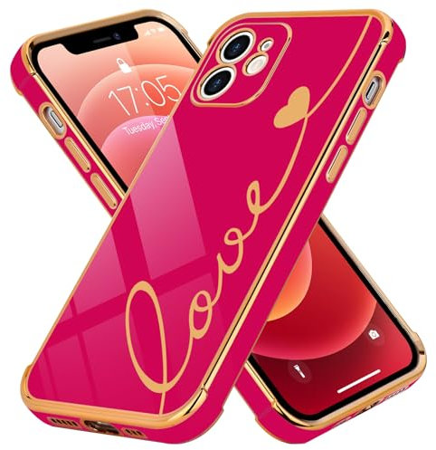 LCHULLE Compatible with iPhone 12 Case for Women Girls,Cute Luxury Plating Love Heart Design Soft TPU Cover Shockproof Full Camera Lens Protection Phone Case for iPhone 12 6.1 inch,Hot Pink