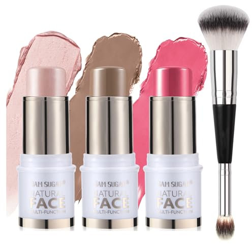 Contouring Stick, 3Pcs Contour Highlighter Blush Sticks mit Pinsel - Creme Contour Bronzer Stick für Wangen Augen Lippen, lang anhaltende wasserdichte glatte Make-up-Sticks für alle Hauttypen