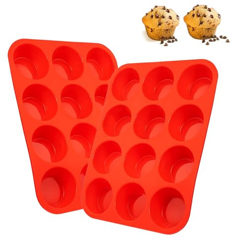 HTTYHT 2 Piezas Muffin Bandeja con 12 Cavidades Bandeja para Muffins de Silicona Molde para Magdalenas con Recubrimiento Antiadherente para Muffins Cupcake Brownie Pudín 29.5 x22 x3.1cm-Rojo