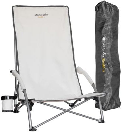 dieckkinners Strandstuhl Renke XL, Bequemer Faltstuhl mit hoher Rückenlehne, leicht tragbar mit Tragetasche, für Strand und Camping, belastbar bis 100 kg, Beige