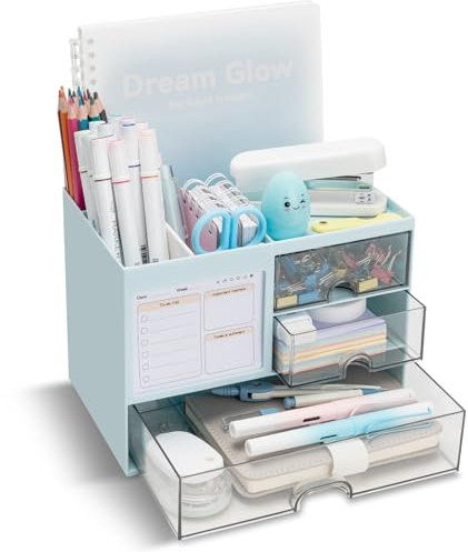 RISEMART Desk Organiser with 3 Drawers, Desk Tidy Organiser with Pen Holder, Large Capacity Desktop Organizer Stationery Storage Box for School Office Home Makeup Desk Supplies (Blue)