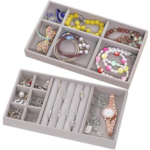 Vassoio Porta Gioielli, 2 PCS Scatole Portagioie in Velluto per Cassetto Toelette Armadio, Portagioielli Impilabile con Divisorio Rimovibile, per Collana Orecchini Bracciali Anelli (Grigio)