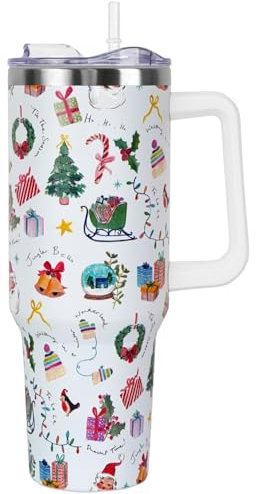 Christmas Gifts 40 oz Tumbler with Handle and Straw Lid,Cute Gifts for Women Snow Globe Xmas Tree Lights Vacuum Insulated Leak Proof Tumbler,Winter Holiday Accessories Stainless Steel Coffee Cup Mug