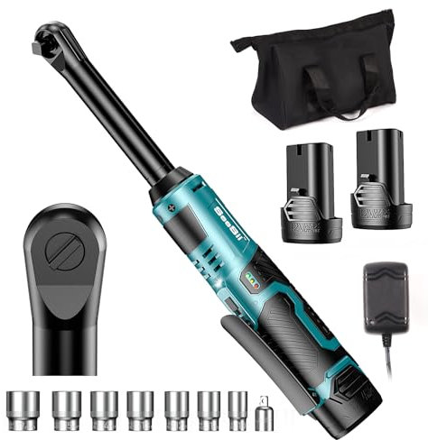 Seesii 15CM Batteria Chiave a cricchetto, 3/8 400 RPM Batteria a cricchetto, 55N.m Chiave a cricchetto elettrica, Set di chiavi a cricchetto a batteria con batterie 2x2000mAh e 7 bussole
