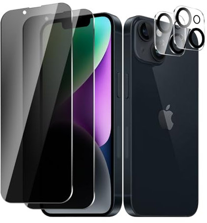 BIESHKJ 2+2 Stück Sichtschutzfolie für iPhone 14, Anti-Spy Panzer Schutz Glas + Kameraschutz, HD-Hartglasfolie, 9H-Härte, Kratzfest, Blasenfrei