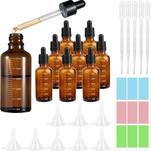Dropper Bottle Brown 6 X 50 ML Dropper Bottles Leak Proof Refillable Amber | Dropper Bottle Glass Bottle with 2 Funnels 5 Droppers 1 Sticker for Essential Oils Massage Perfumery Aromatherapy Laboratory