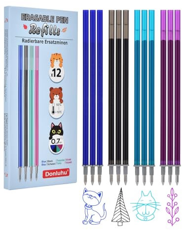 Donluhu Ersatzminen, [3 Blau, 3 Schwarz, 3 Türkis, 3 Violette, 12er Pack], Höhe 13 cm, Kompatibel mit Legami und anderen Marken, die ​Standard-13cm-Minen​ verwenden, Stiftspitze 0,7mm