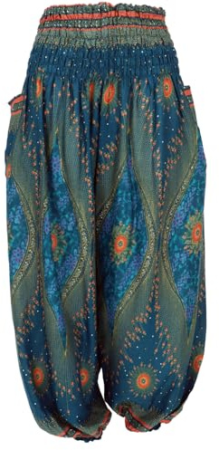 GURU SHOP Luftige XL Pluderhose Für Starke Frauen, Plus Size Sommerhose, Yogahose, Wohlfühlhose - Petrol/orange, Damen