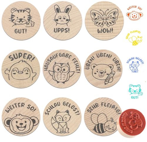 GENHH 9 Stück Holz Lehrer Stempel, Motivstempel Stempel Set, Stempel für Lehrer Belohnung Kinder Rund Holzstempel Deko Lehrerstempel Grundschule Lob Geschenk für Lehrertag