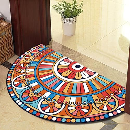 Eseriallen Half Round Door Mat Indoor Entrance Washable Half Circle Area Rugs Boho Mandala Non Slip Deep Blue Luxury F (21) 50cm X 80cm