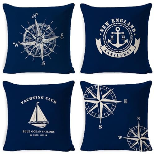 Confezione da 4 federe per cuscini impermeabili per esterni, 81 x 81 cm, decorative, blu navy, design nautico con cerniera invisibile, lino double-face, per divano e patio, R-306