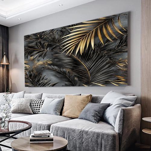 MKBKLI Grand tableau mural, sans cadre, Feuille de palmier or, 50 x 100 cm | abstrait moderne, impression d'art mural, noir, peinture sur toile pour salon, décoration d'intérieur, sans cadre