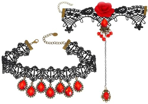 Ushiny Set di gioielli con cristalli di Halloween, collana in pizzo di rosa, nero e rosso, guanto con anello da donna