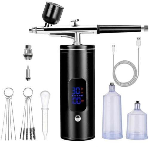 Airbrush Kit with Compressor, Portable Rechargeable Cordless | High-Pressure Air Brush Set with 0.35mm Nozzle,Power Display and Cleaning Brush, for Painting, Nail Art, Makeup,