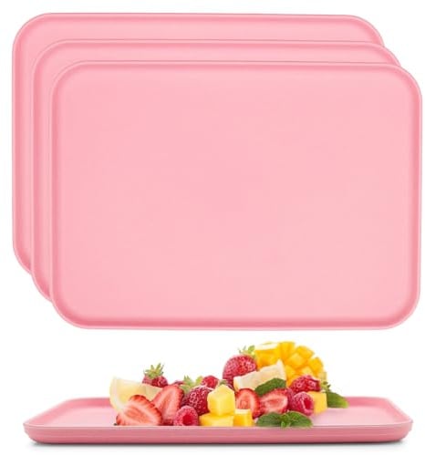 4-Pack Rectangular Plastic Serving Trays for Kitchen, Drinks, Snacks, Tea, Coffee, Breakfast, Lightweight and Durable (Pink)