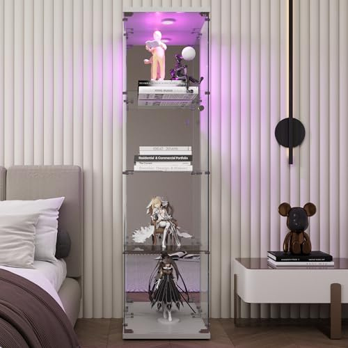 FUCMKON Vitrine aus Glas,Spiegel,Glasvitrine Standvitrine mit 1 Türen und 4-stufige,Vitrinenschrank mit Led Beleuchtung und Schloss,für Sammlung in Schlafzimmer und Wohnzimmer (Weiß D,42.5x36.5x164cm)