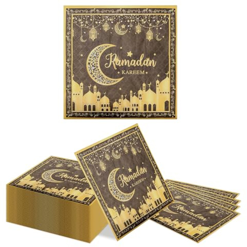 Kotkiddy 40 Pack Schwarz Gold Eid Design Ramadan Mubarak Thema Papierservietten Zwei Lagen Eid Mubarak Fest Zubehör Durchbrochener Mond mit Mondmuster Verzierungen Einweg Servietten