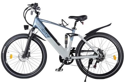 OUXI V2 E-Bike 26 Zoll Elektrofahrrad Herren Damen, 250W Motor 60Nm, 36V 10.4Ah Akku, Hydraulische Scheibenbremsen, Vollfederung, Trekking E-Mountainbike, bis 25km/h Stadtrad Pedelec (Blau mit Grau)