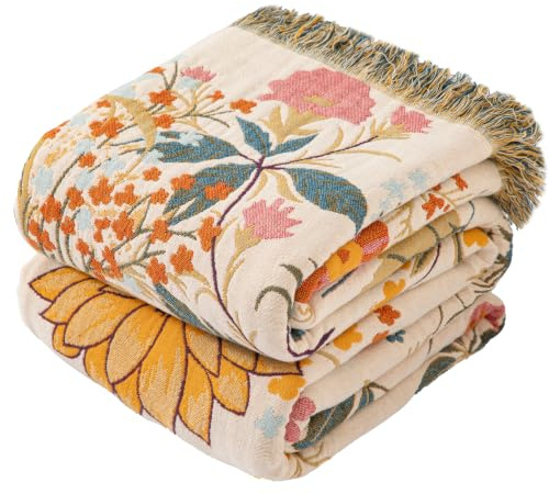 Dormilin Boho Tagesdecke mit Fransen, 100% Baumwolle Doppelseitige Musselin Decke 150x200cm, Weiche Kuschelige Sofadecke & Bettüberwurf, Atmungsaktiv für Wohnzimmer Schlafzimmer Ganzjährige Nutzung