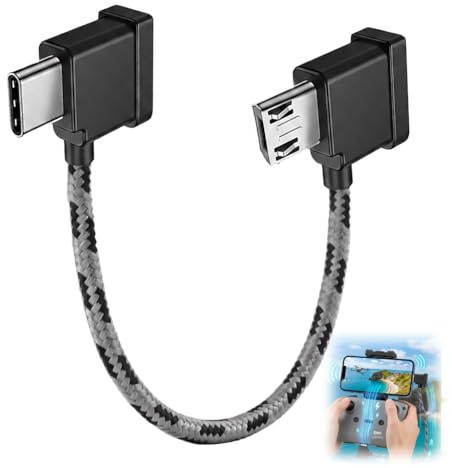 USB C auf Micro USB Drohnen Kabel 15cm Nylon - Kompatibel mit DJI Mini SE, Mavic Mini, Mavic Air, Mavic 2 Pro RC Fernsteuerung - 90 Grad Winkelstecker Datenkabel OTG Verbindung für Smartphone & Tablet