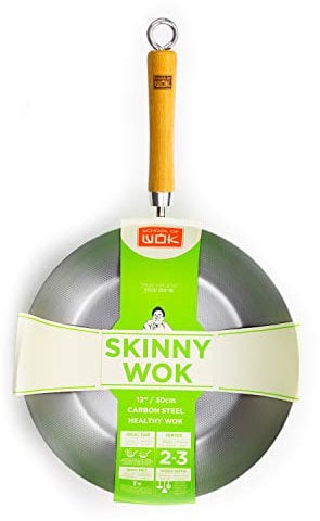 école de Wok Skinny Wok en Acier Carbone Manger Sainement Wok, Argent, 33 cm
