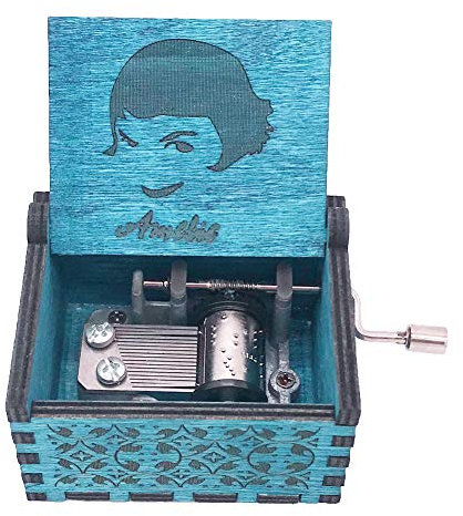 Youtang Amelie Spieluhr mit Handkurbel, geschnitztes Holz, Spielen Sie das Titellied von Amelie, Blau