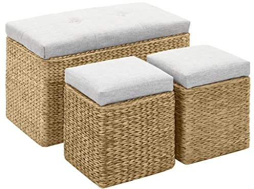 vidaXL Sitzbank mit 2 Ottomanen Seegras Sitzhocker Hocker Truhenbank Flurbank