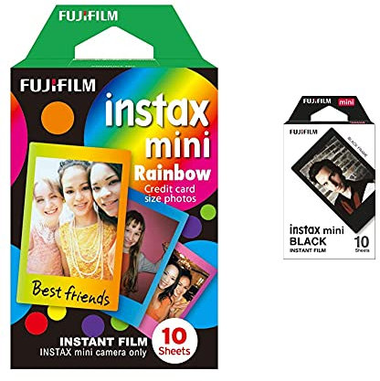 Fujifilm Instax Mini Film Pellicola Istantanea Per Fotocamere Rainbow, Formato 46X62 Mm, Confezione Da 10 Foto & Mini Film Pellicola Istantanea Per Fotocamere Black, Formato 46X62 Mm