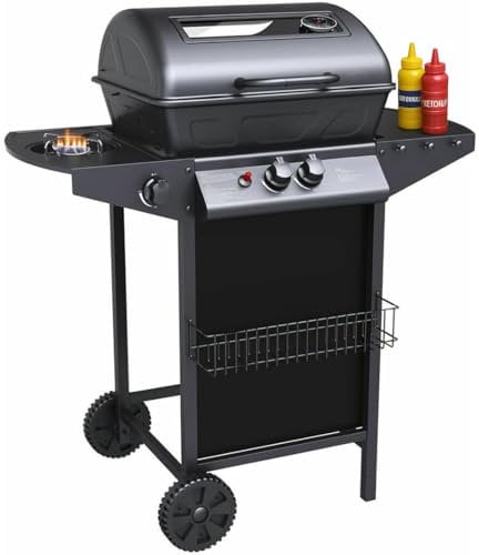 Bakaji - Barbacoa de gas y piedra volcánica con 2 fuegos, parrilla de acero inoxidable con superficie de apoyo y hornillo lateral, 2 ruedas y tapa Grill BBQ para exterior, jardín, terraza