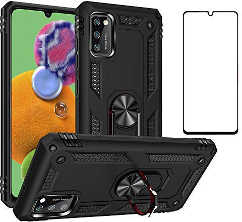 Asuwish Coque pour Samsung Galaxy A41 avec Verre Trempé et Magnetique Anneau Support Antichoc Protection Robuste aimantée aimanté Fantaisie A 41 41A S41 Telephone Téléphone Case Femme Homme Noir