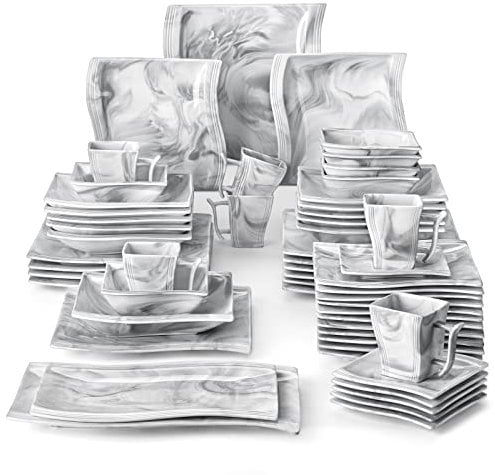 MALACASA, Serie Flora, 56 TLG. Marmor Porzellan Geschirrset Kombiservice Tafelservice mit je 6 Schälen, 6 Tassen, 6 Untertassen, 12 Dessertteller, 12 Suppenteller, 12 Speiseteller und 2 Platte