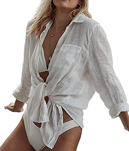 JFAN Femme Été Chemise Tunique Paréo Cover Up Blouse Boutonnee Col V Maillot De Bain Cache-Maillots Et Sarongs Haut Lâche à Manches Longues Nouer Top - Blanc - Taille Unique