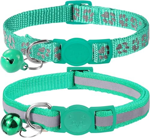 Taglory Collier Chat Anti Étranglement, 2 pcs Réglable Réfléchissant Collier pour Chat Chaton Chiot avec Clochette et Boucle de Sécurité, 19-32cm Turquoise