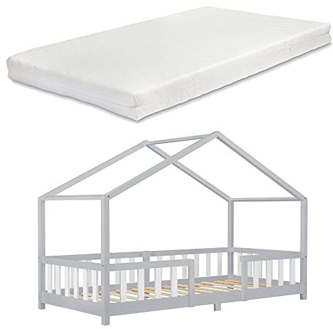 [en.casa] Letto per Cameretta Letto Singolo a Forma di Casetta con Barriera di Protezione per Bambini Struttura in Legno di Pino Materasso a Schiuma Fredda 90x200 cm Grigio chiaro/Bianco